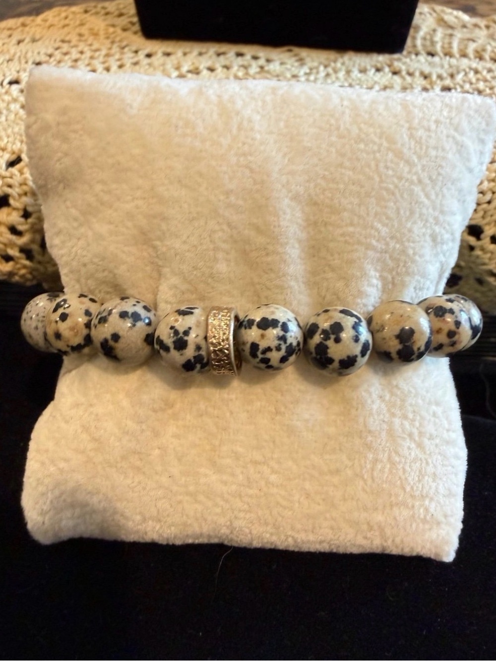 Dalmatian Jasper Beaded Stretch Bracelet with Gold Accent Bead